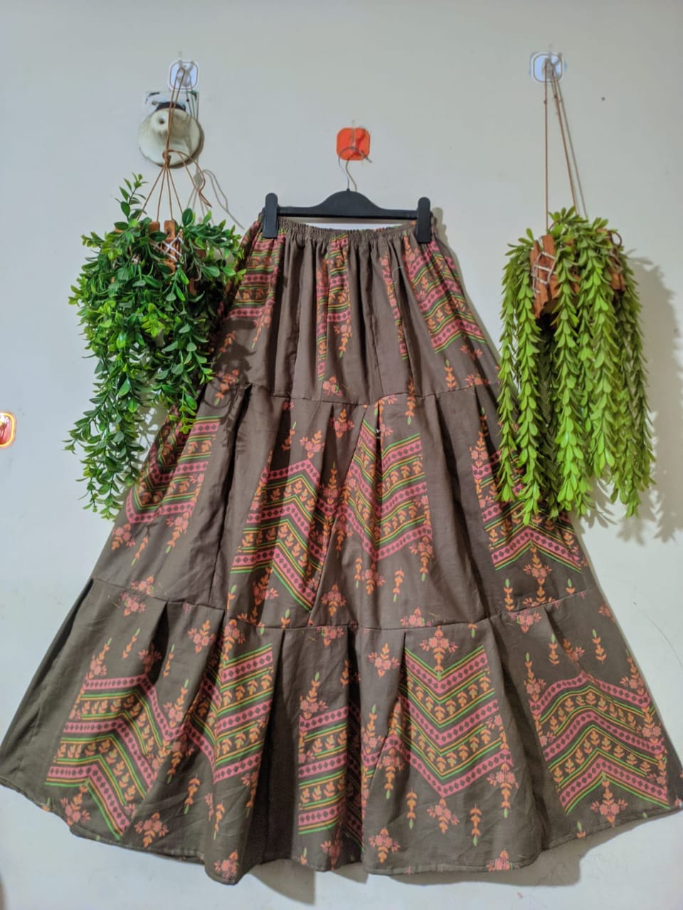 Dark Brown Multi Color Print Skirt
