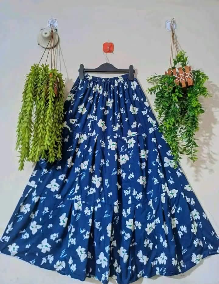 Navy Blue with White Floral Print PREMIUM LONG SKIRT
